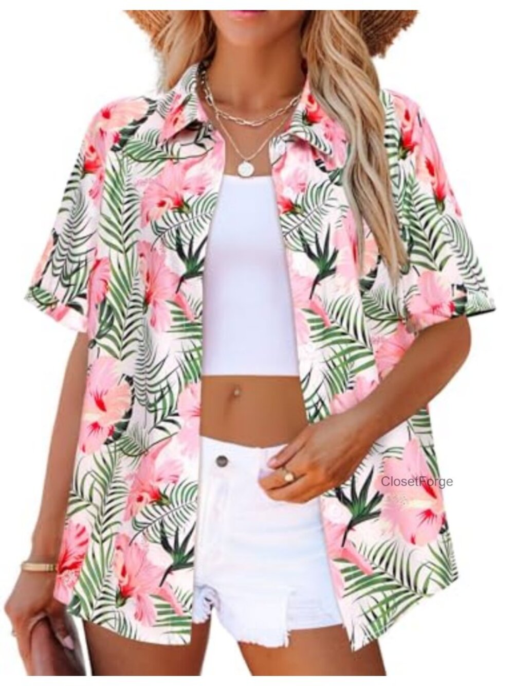 Women's Tropical Floral Button-Down V-Neck Short Sleeve Shirt Hawaiian Summer